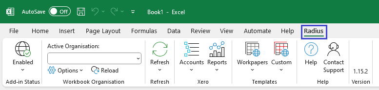 RadiusCore: Excel ribbon showing 'Radius' tab.