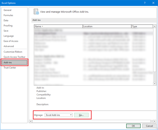 Excel add-in options.