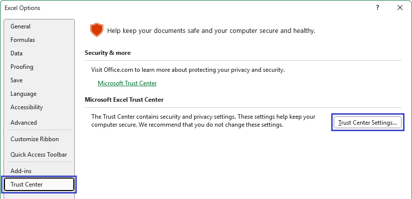 Excel Trust Center