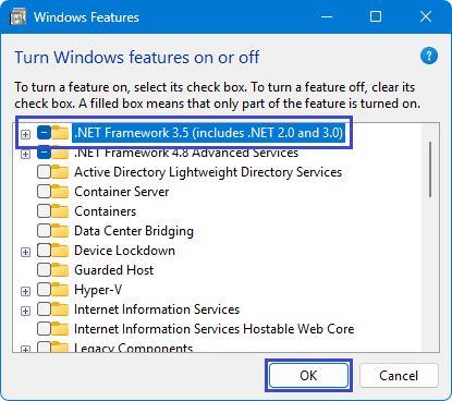 Enable .NET Framework 3.5 via Windows features.
