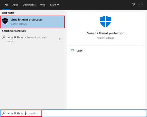 Access Windows Virus & Threat protection via start menu.