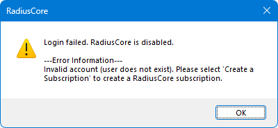 RadiusCore: Login failed message.
