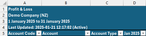 RadiusCore: Table layout report header.