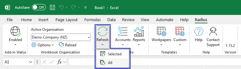 RadiusCore: Refresh report data using the Excel ribbon.