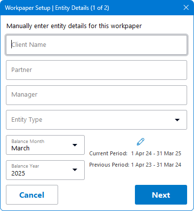 RadiusCore: Workpaper Client setup using manual input.