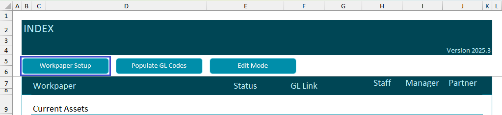 RadiusCore Workpapers: Launching workpaper setup.